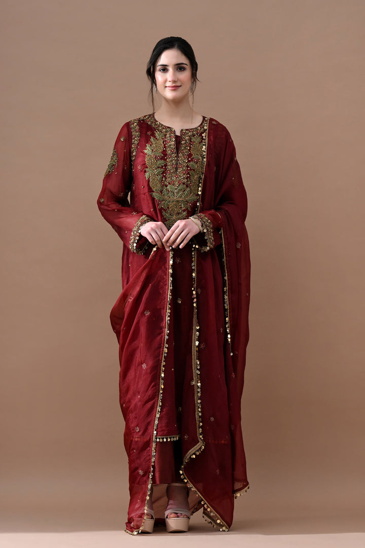 Maroon Red Floral Embroidered Suit Set