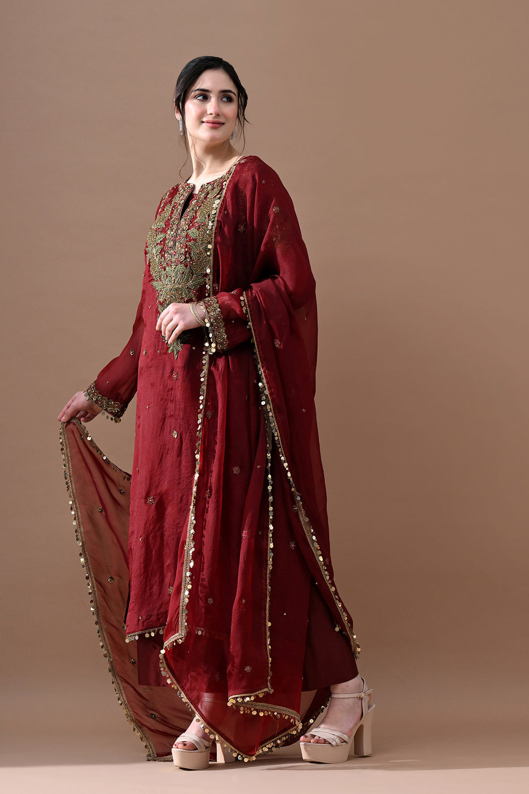 Maroon Red Floral Embroidered Suit Set