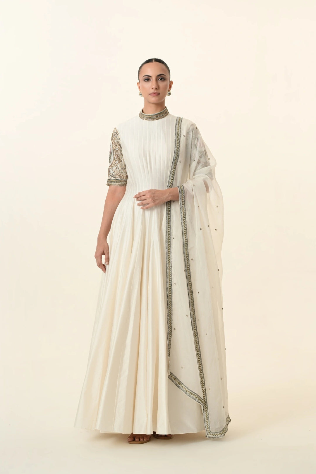 Ivory Pin-Tucked High-Neck Anarkali