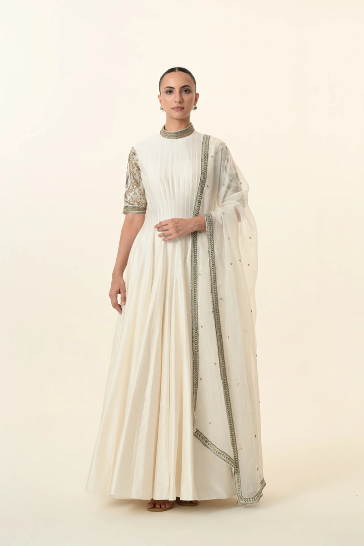 Ivory Pin-Tucked High-Neck Anarkali