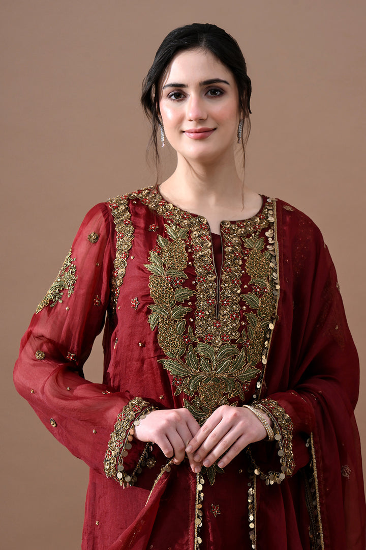 Maroon Red Floral Embroidered Suit Set