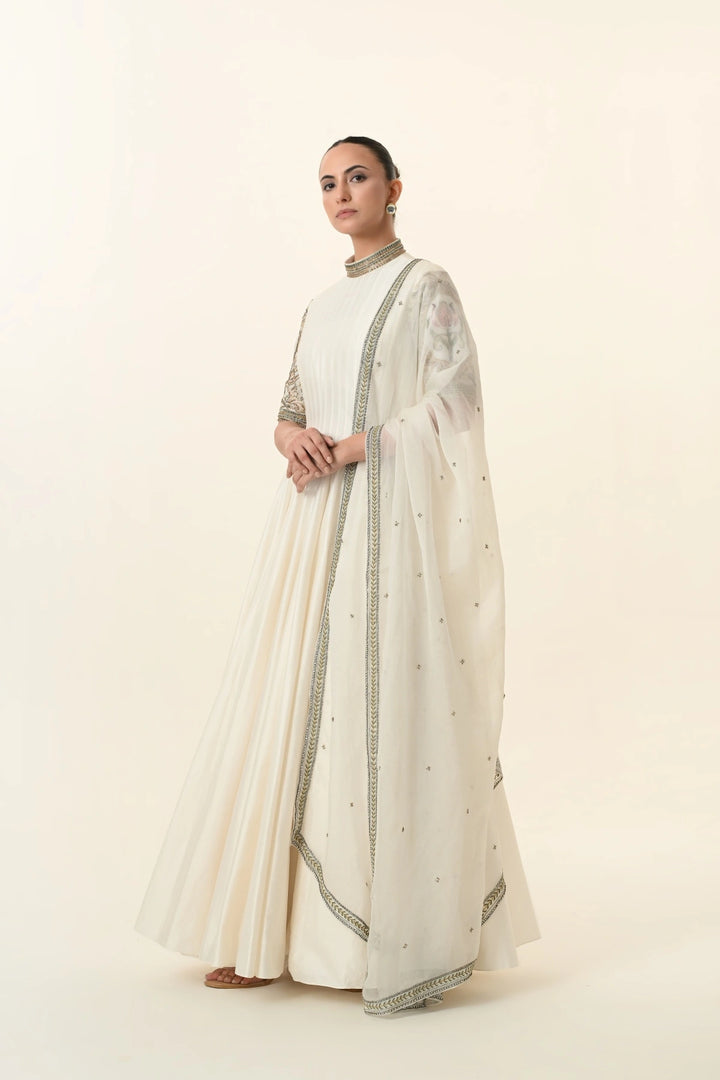 Ivory Pin-Tucked High-Neck Anarkali
