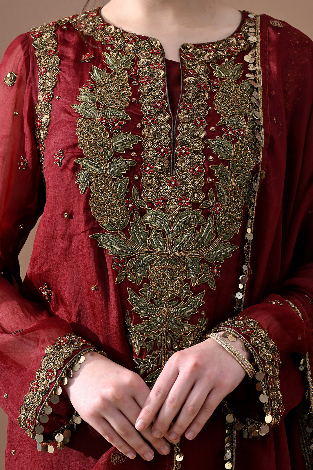 Maroon Red Floral Embroidered Suit Set