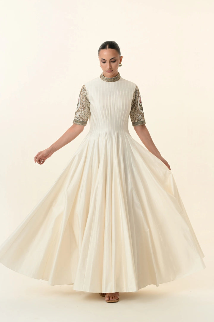 Ivory Pin-Tucked High-Neck Anarkali