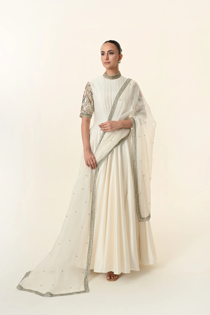 Ivory Pin-Tucked High-Neck Anarkali