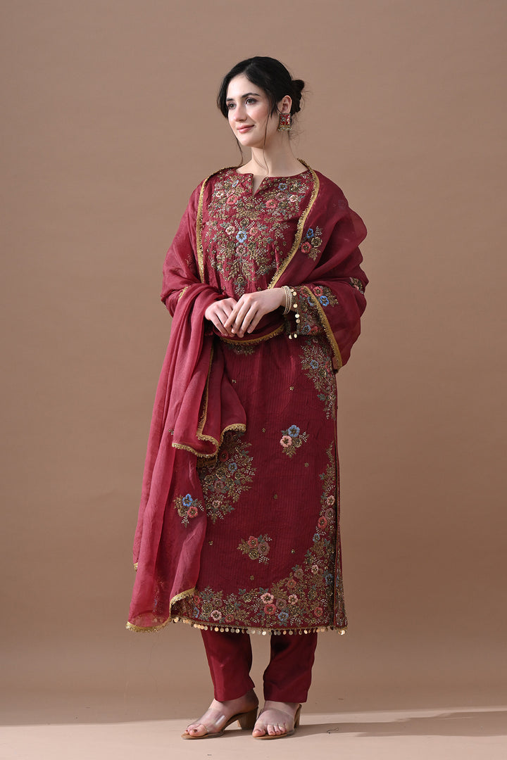 Deep Maroon Floral Suit Set