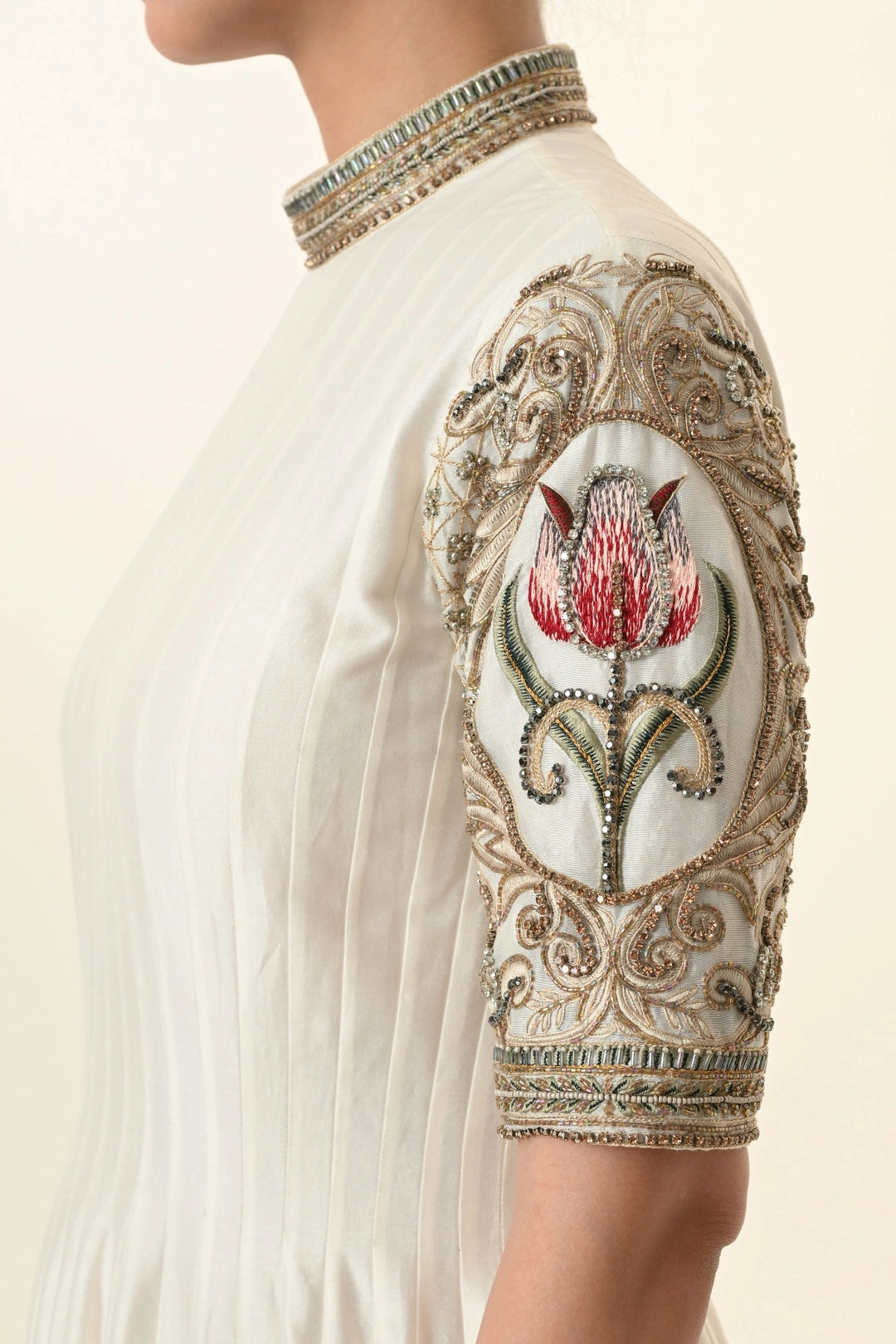 Ivory Pin-Tucked High-Neck Anarkali