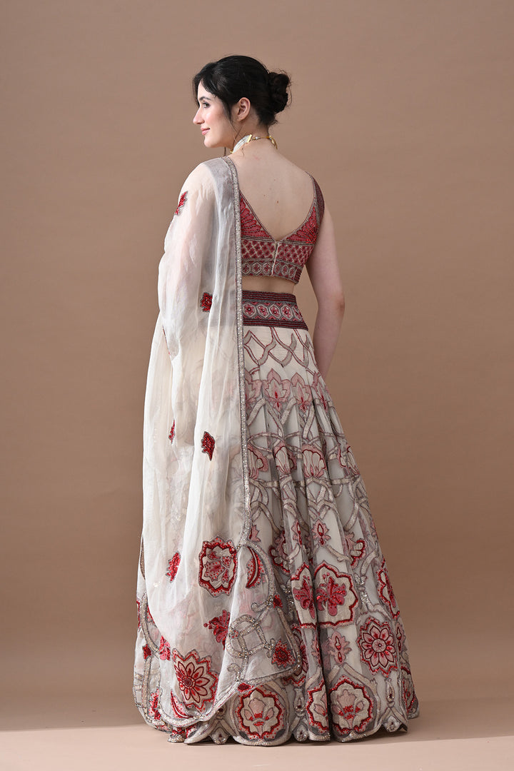 Ivory &amp; Wine Hand-Embroidered Bridal Lehenga Set