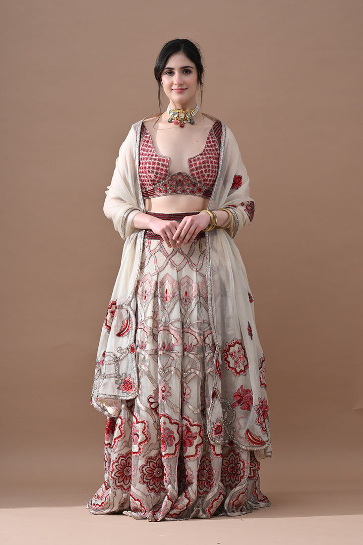Ivory &amp; Wine Hand-Embroidered Bridal Lehenga Set