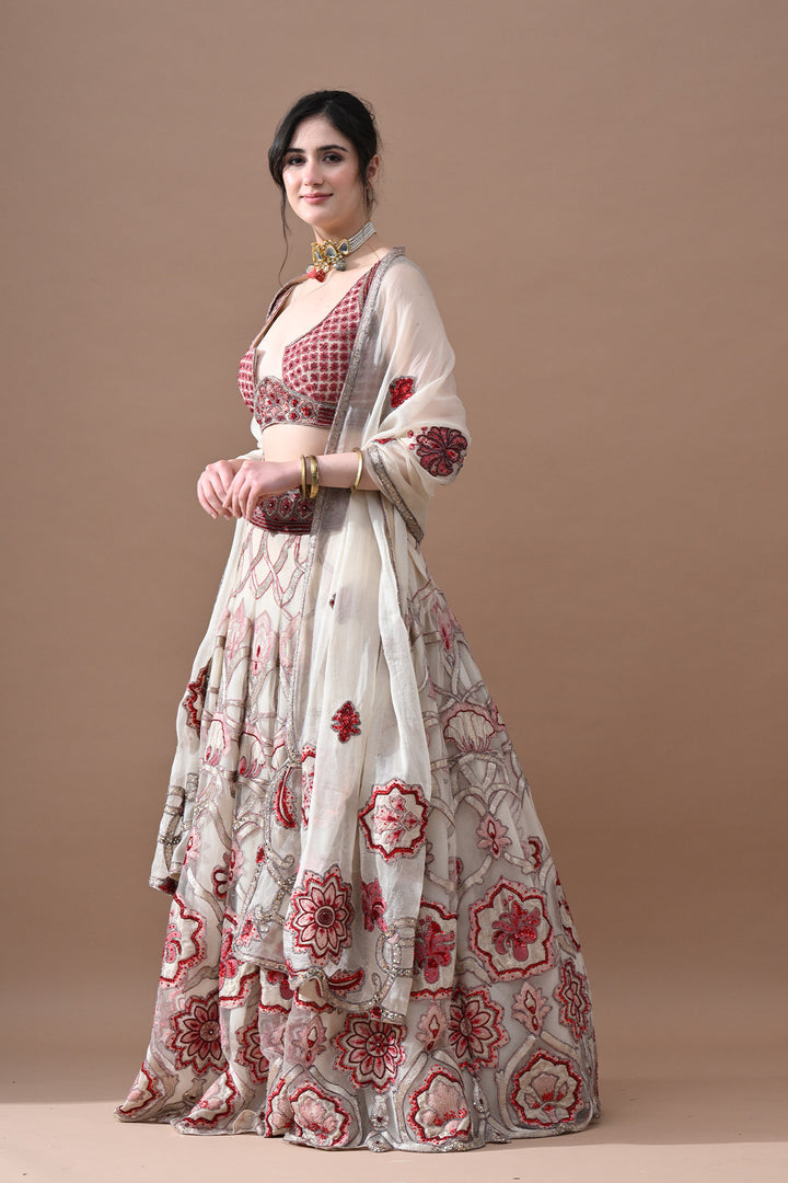 Ivory &amp; Wine Hand-Embroidered Bridal Lehenga Set