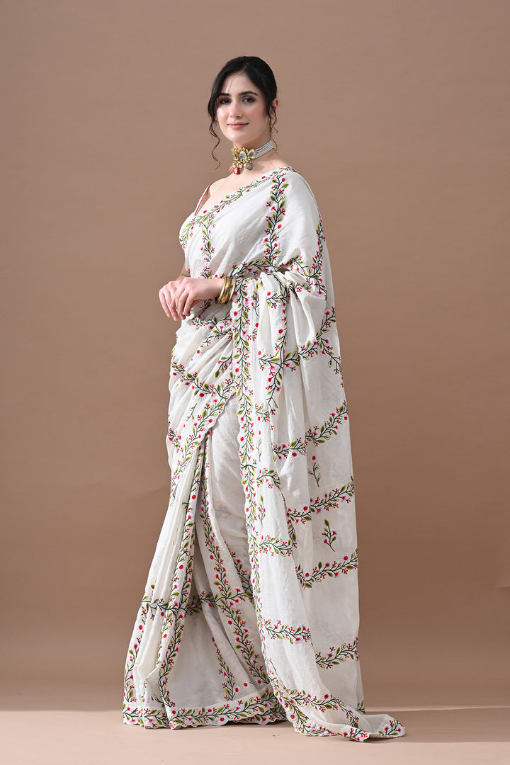 Soft Ivory Floral Threadwork Saree