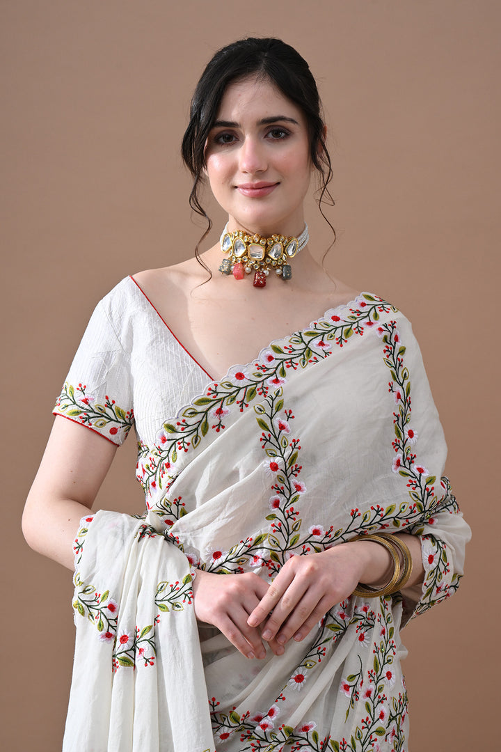 Soft Ivory Floral Threadwork Saree