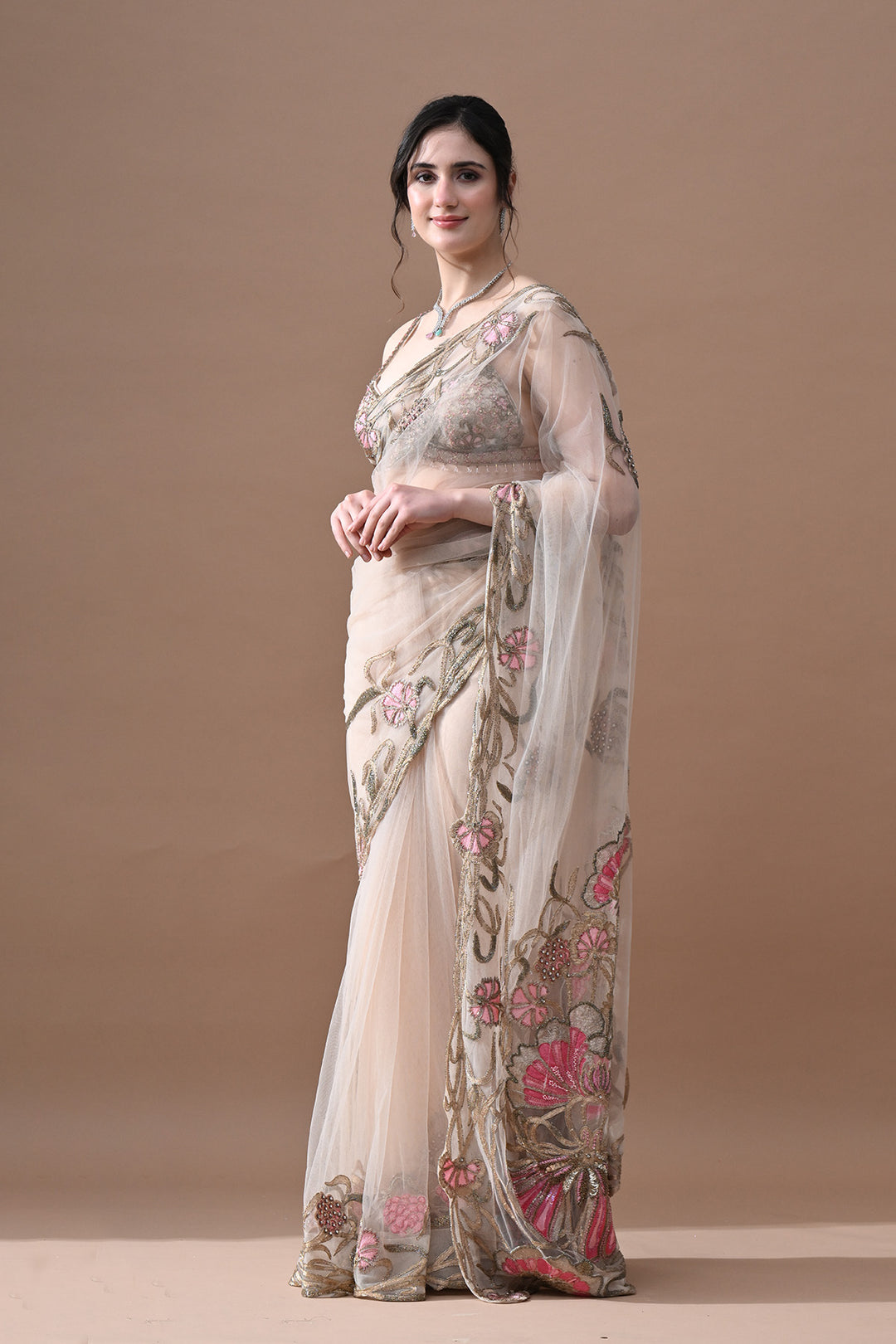 Ivory Blush Floral Saree