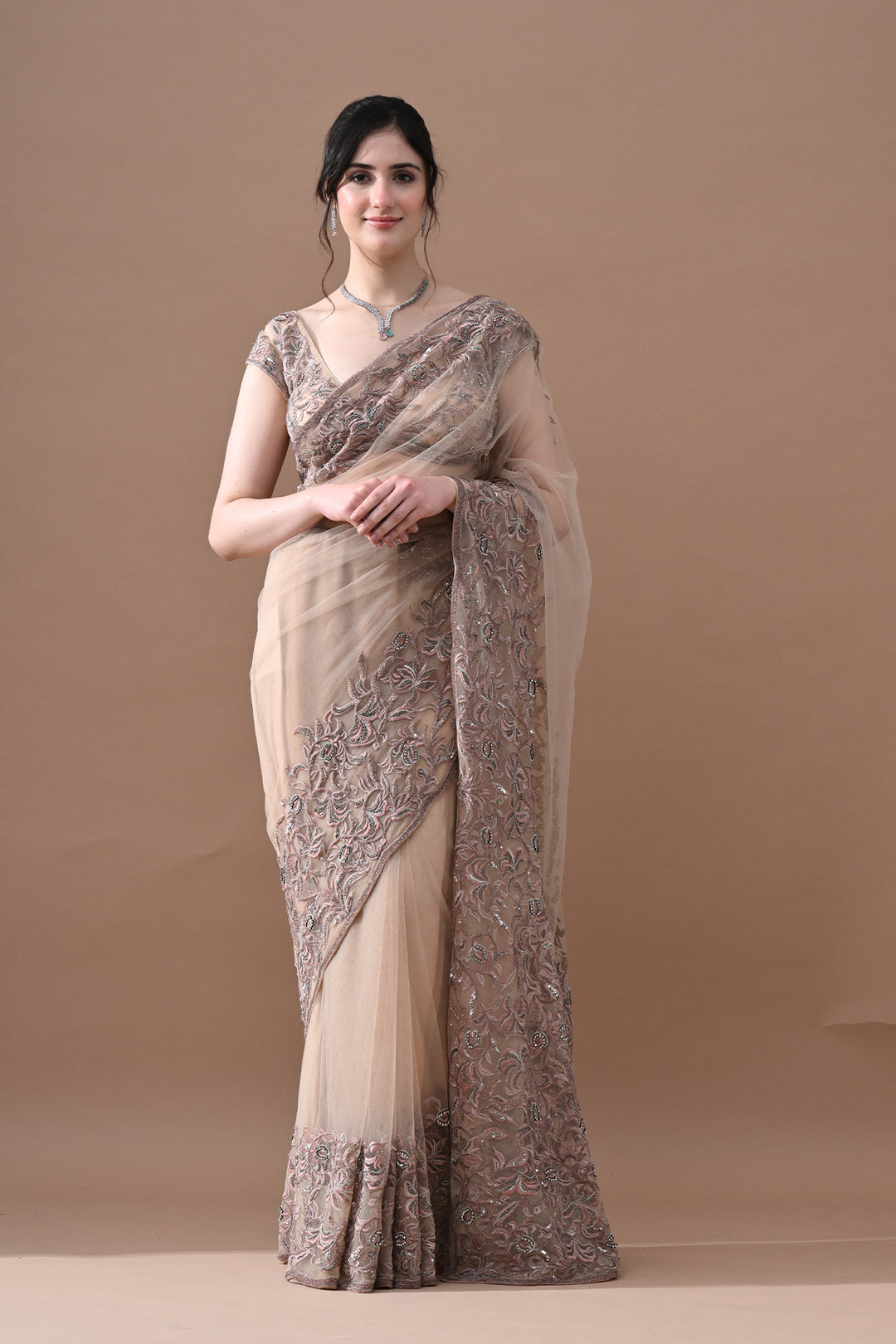 Beige Floral Embroidered Saree