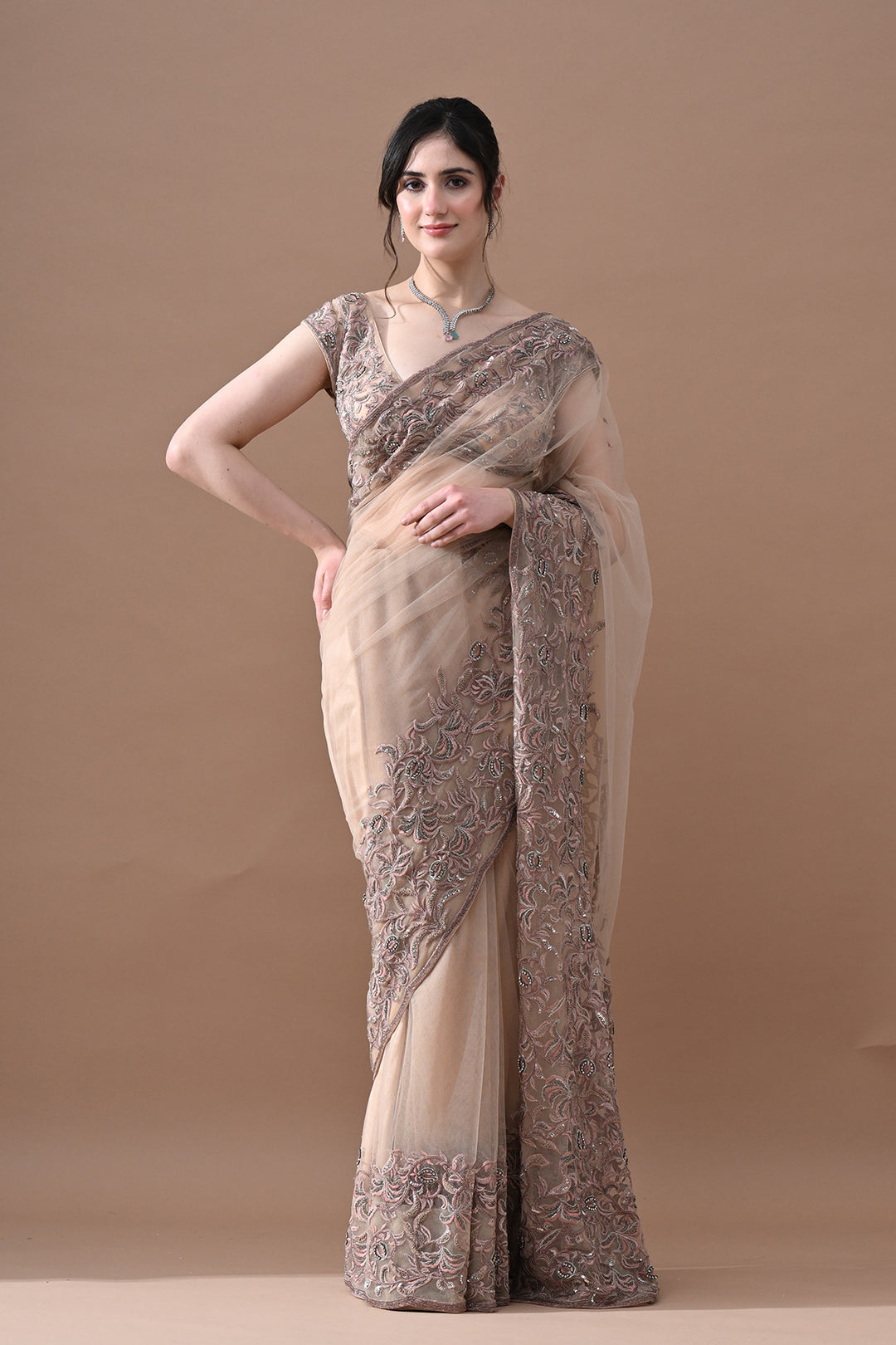 Beige Floral Embroidered Saree