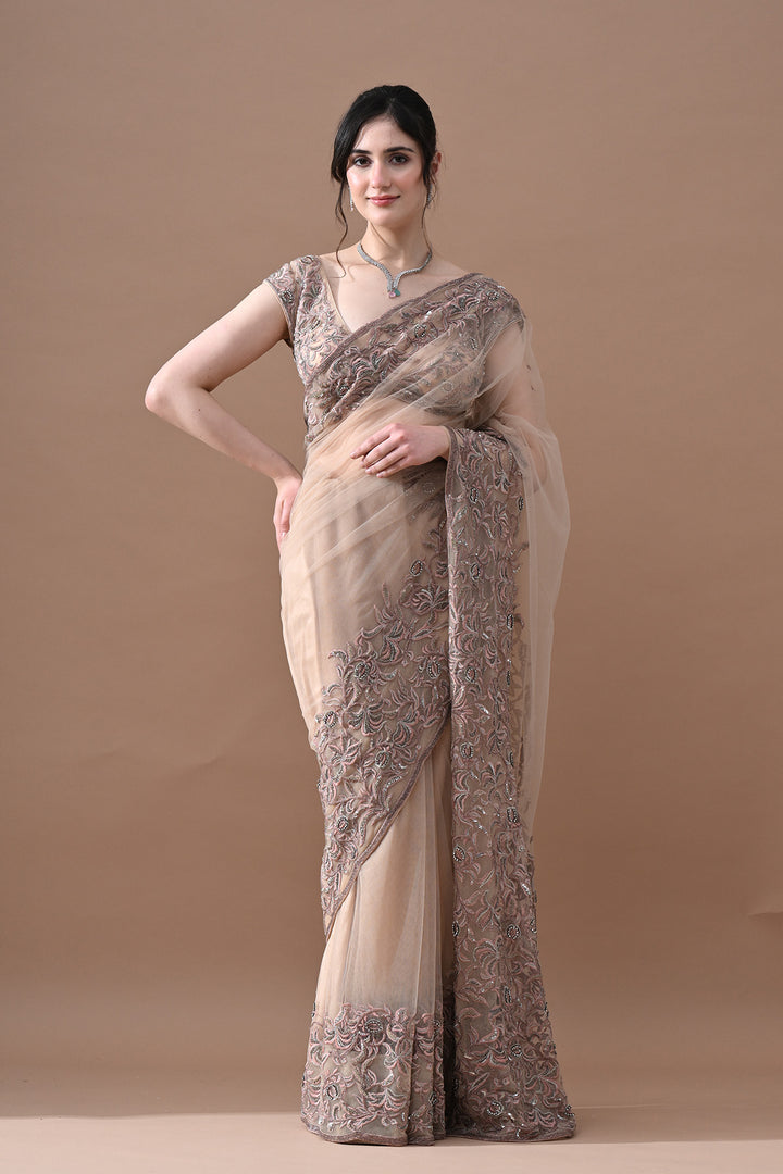 Beige Floral Embroidered Saree