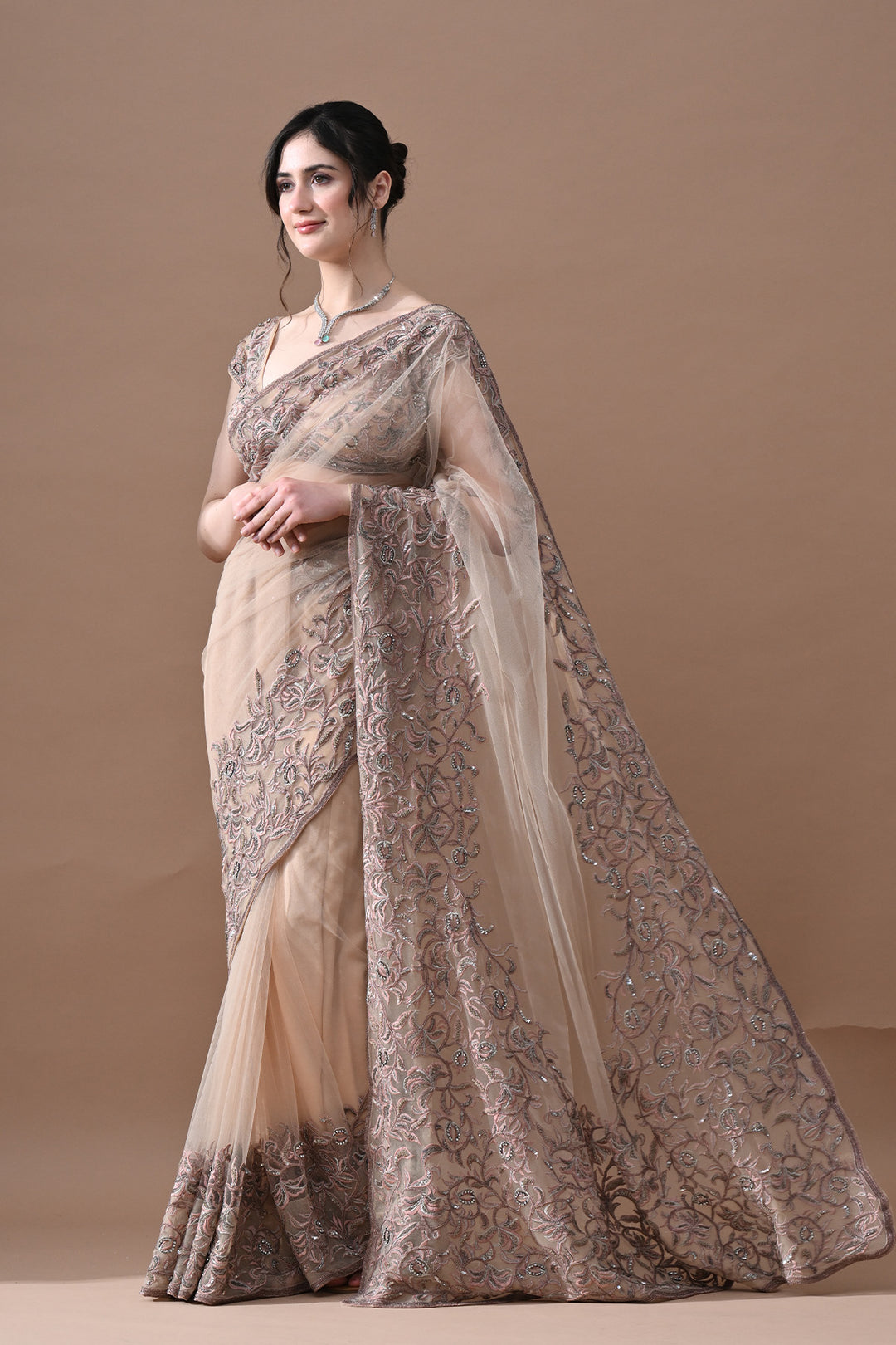 Beige Floral Embroidered Saree