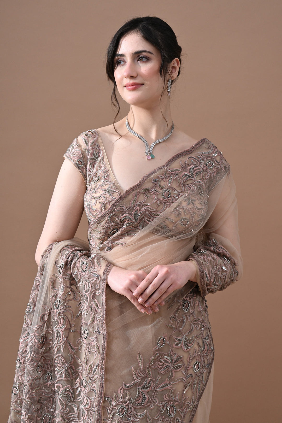 Beige Floral Embroidered Saree