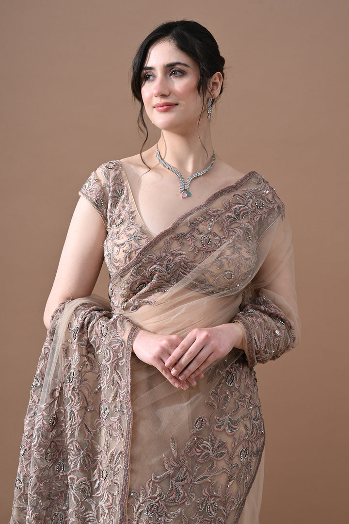 Beige Floral Embroidered Saree
