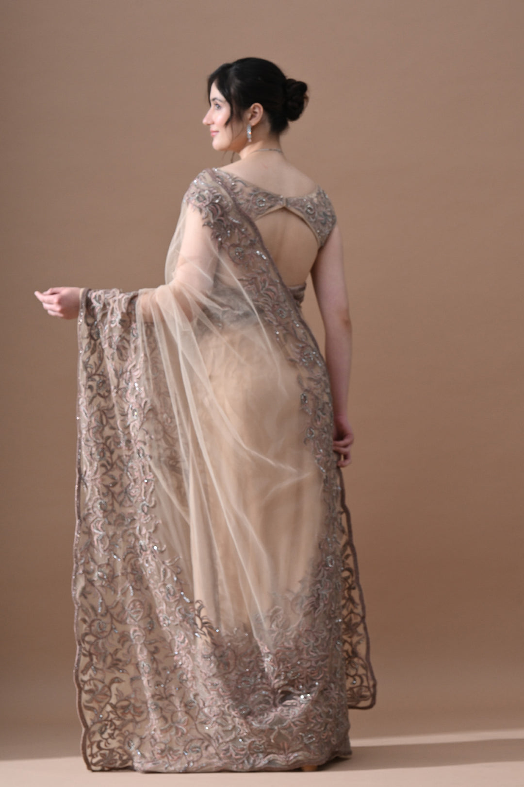 Beige Floral Embroidered Saree