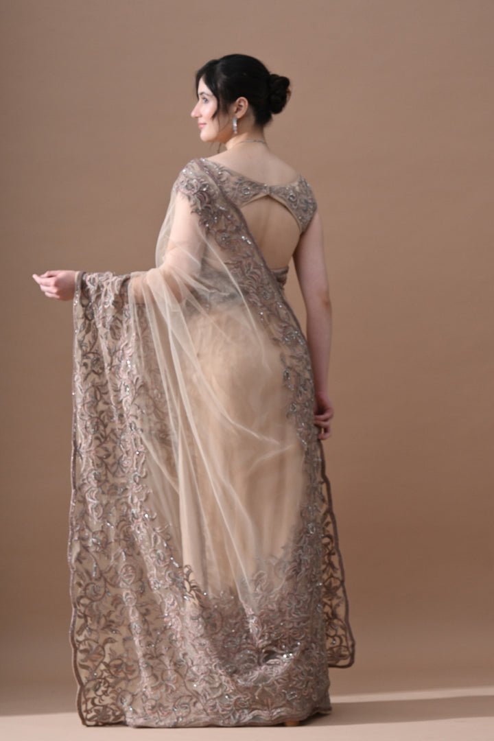 Beige Floral Embroidered Saree