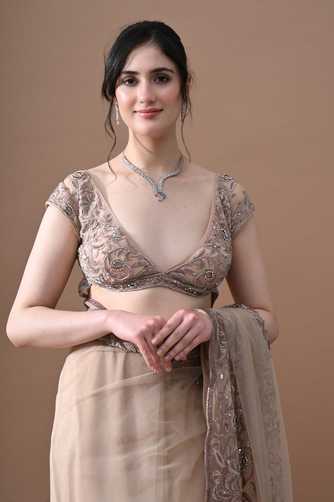 Beige Floral Embroidered Saree