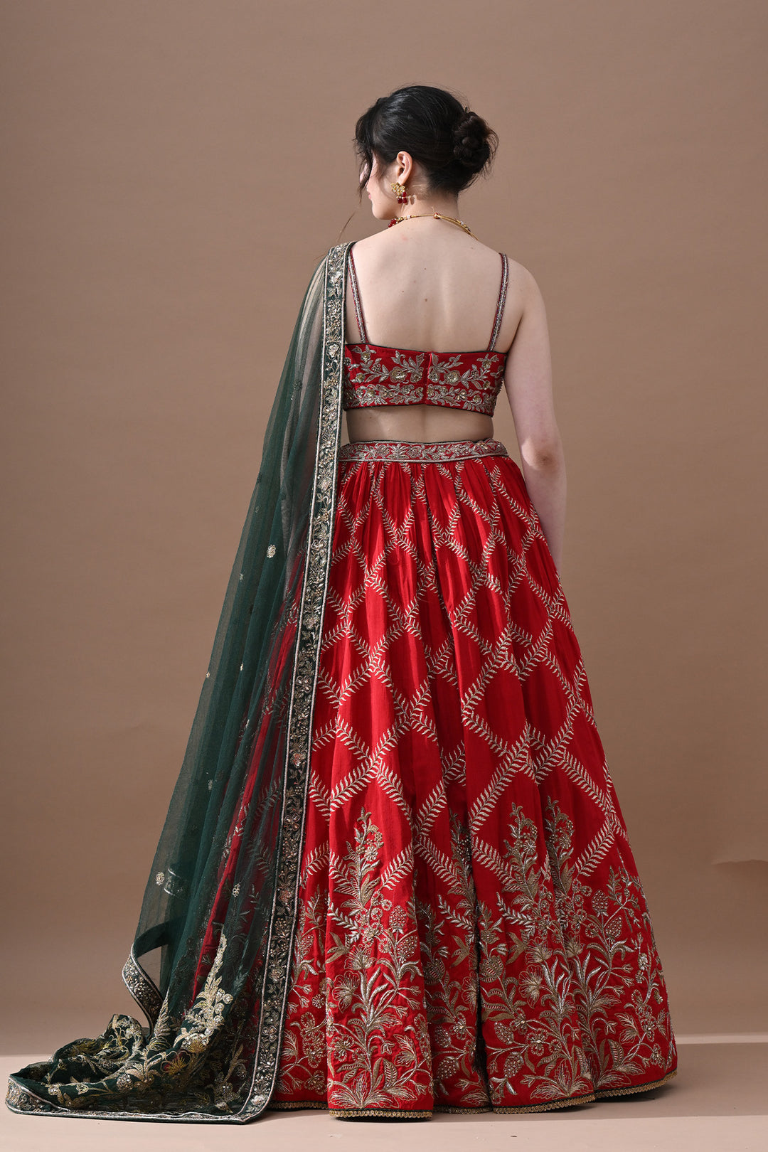 Maharani Red Gold Embroidery Lehenga with Dark Green Dupatta