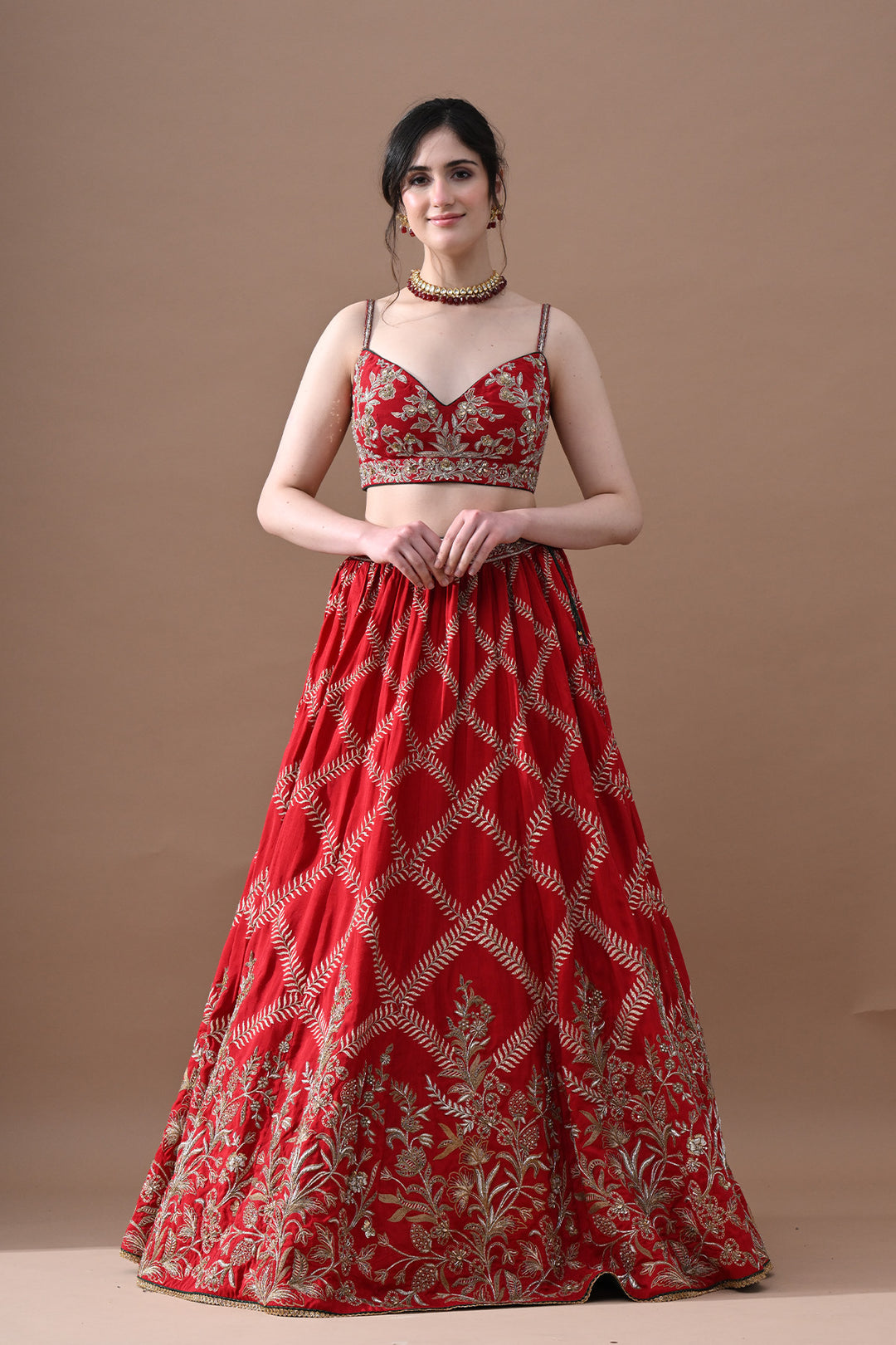 Maharani Red Gold Embroidery Lehenga with Dark Green Dupatta
