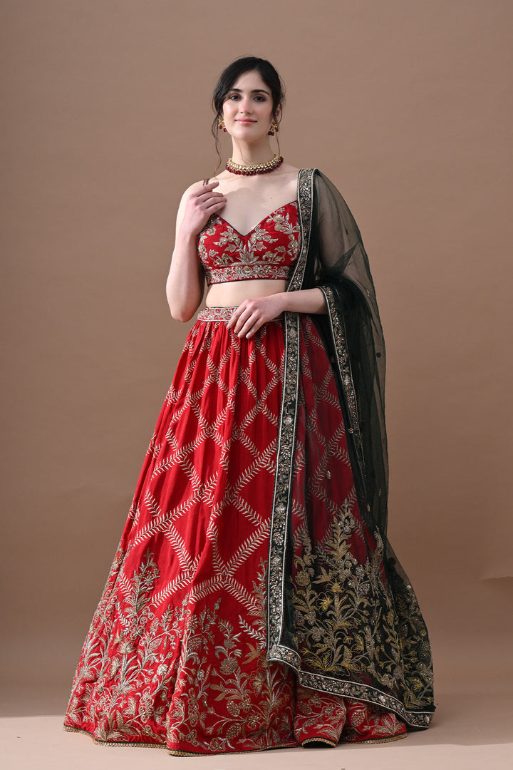 Maharani Red Gold Embroidery Lehenga with Dark Green Dupatta