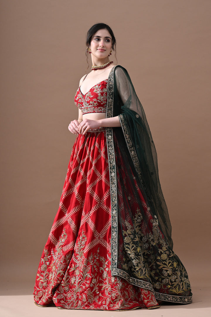 Maharani Red Gold Embroidery Lehenga with Dark Green Dupatta