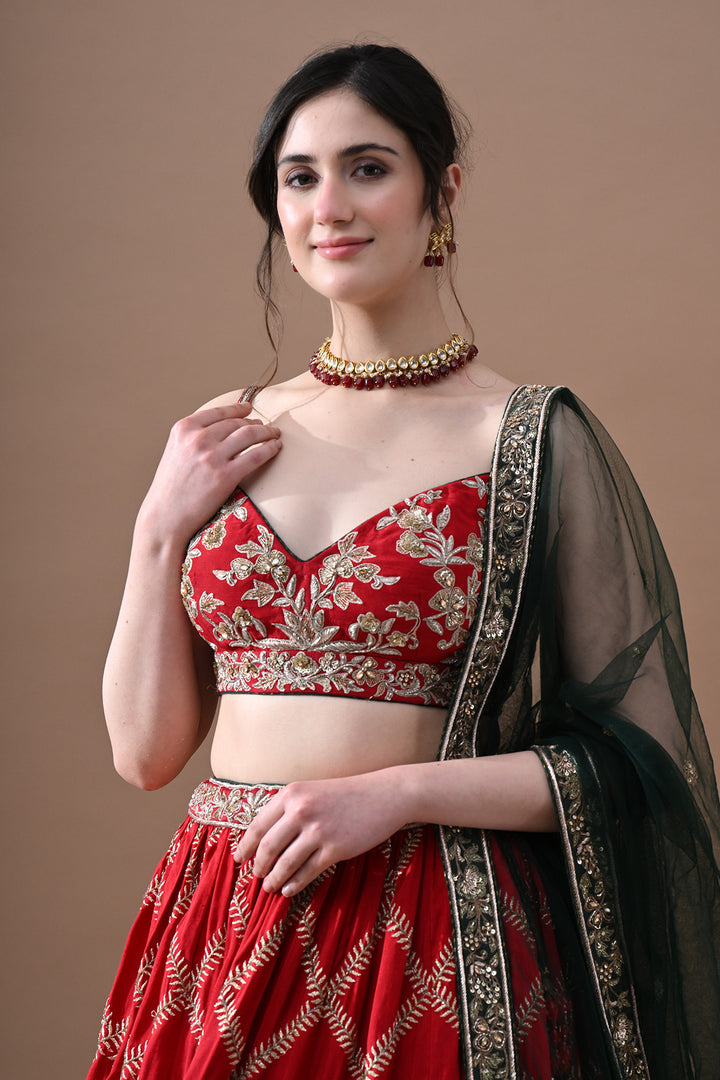 Maharani Red Gold Embroidery Lehenga with Dark Green Dupatta