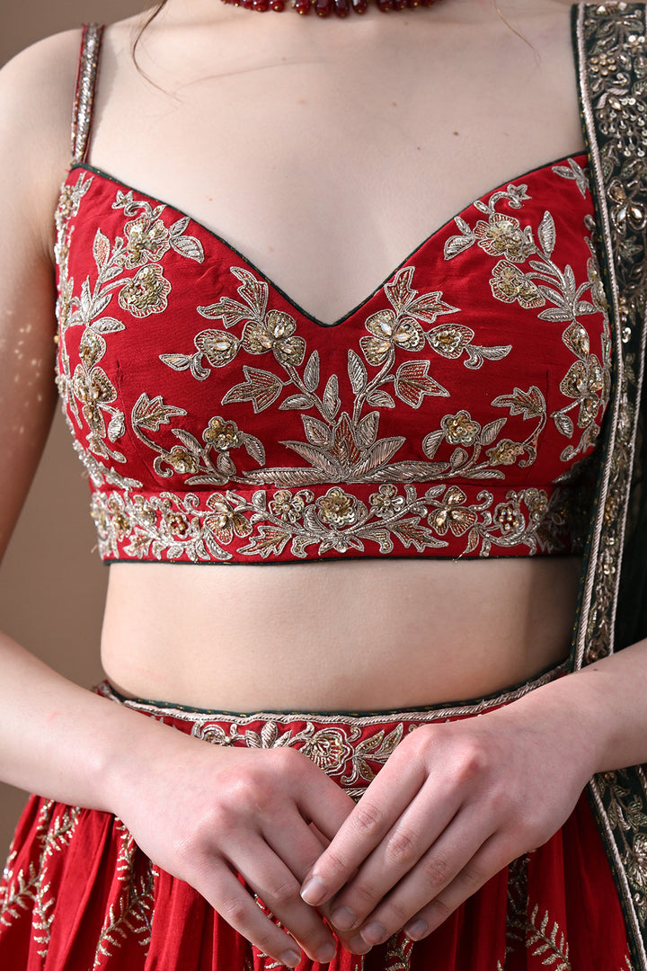 Maharani Red Gold Embroidery Lehenga with Dark Green Dupatta