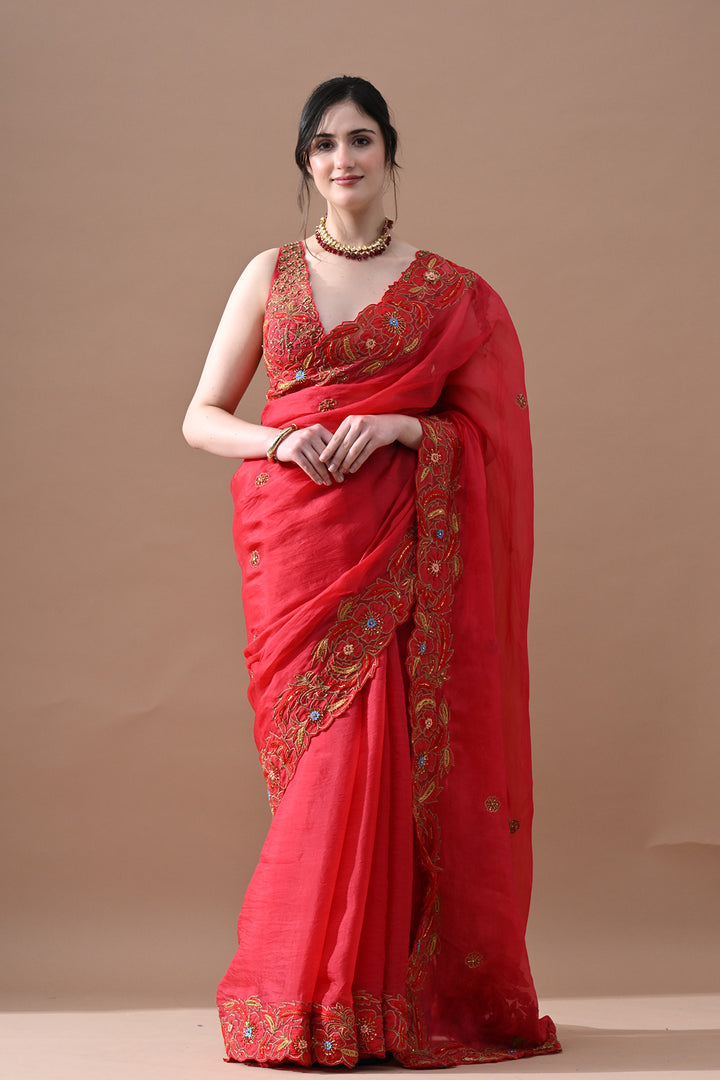 Rose Garnet Floral Embroidered Saree