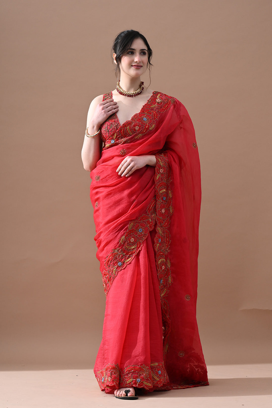 Rose Garnet Floral Embroidered Saree