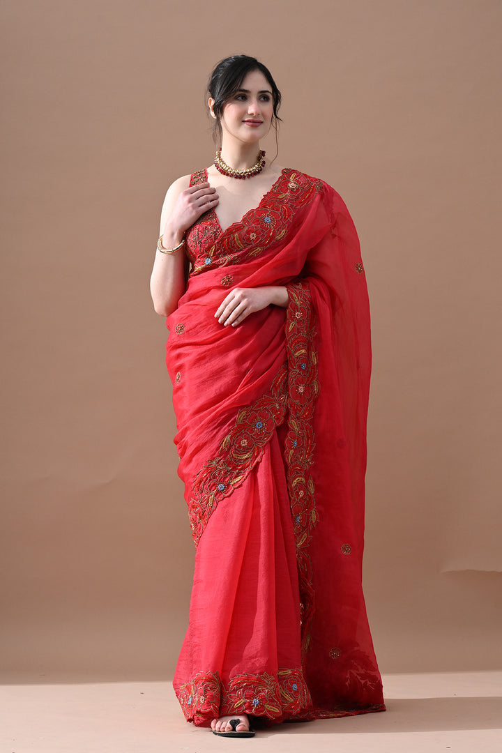 Rose Garnet Floral Embroidered Saree