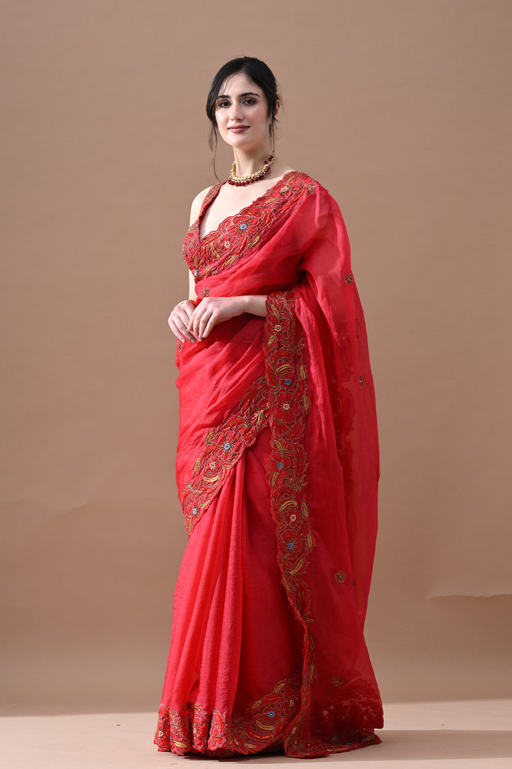 Rose Garnet Floral Embroidered Saree