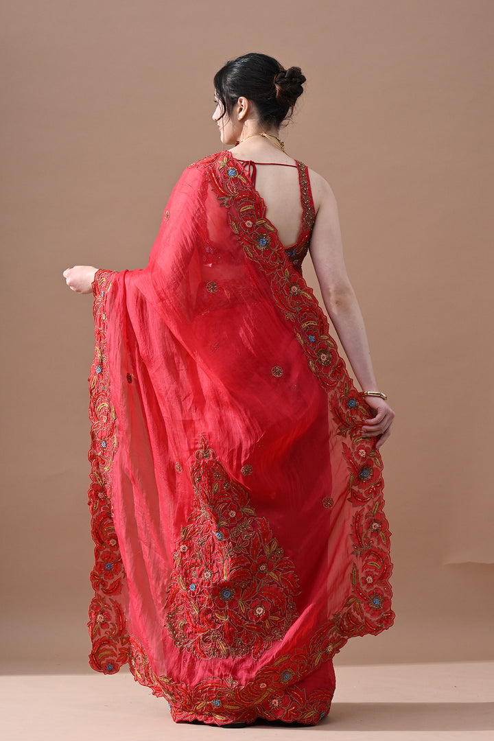 Rose Garnet Floral Embroidered Saree