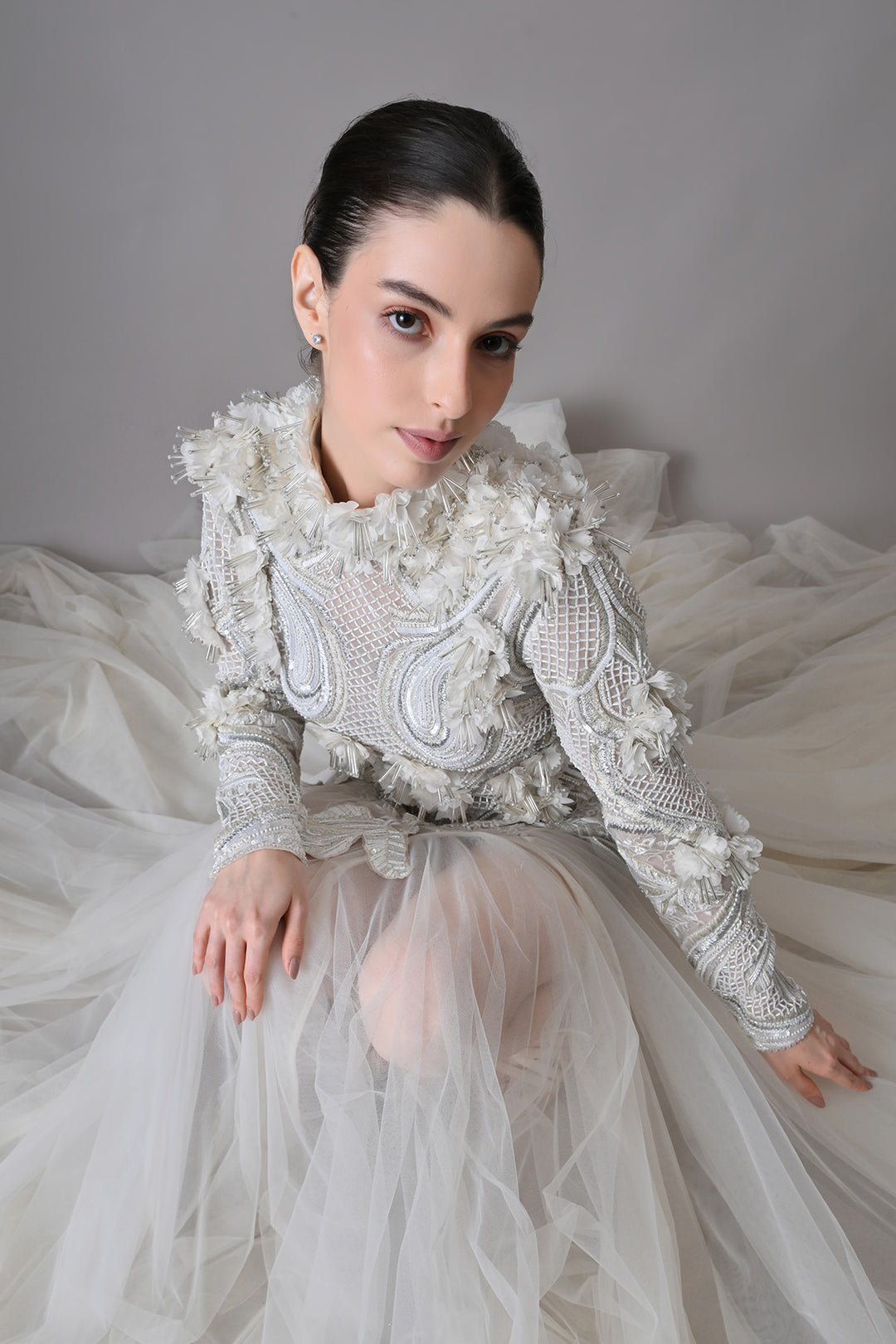 Ivory Structured Embellished Long Sleeve Gown