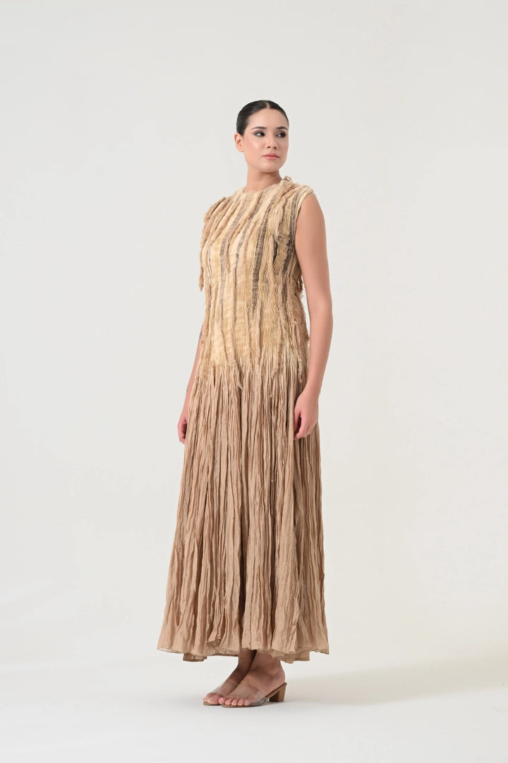 Beige Pleated Weave Dress