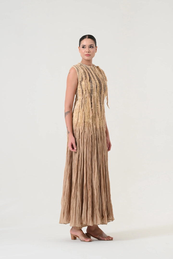 Beige Pleated Weave Dress
