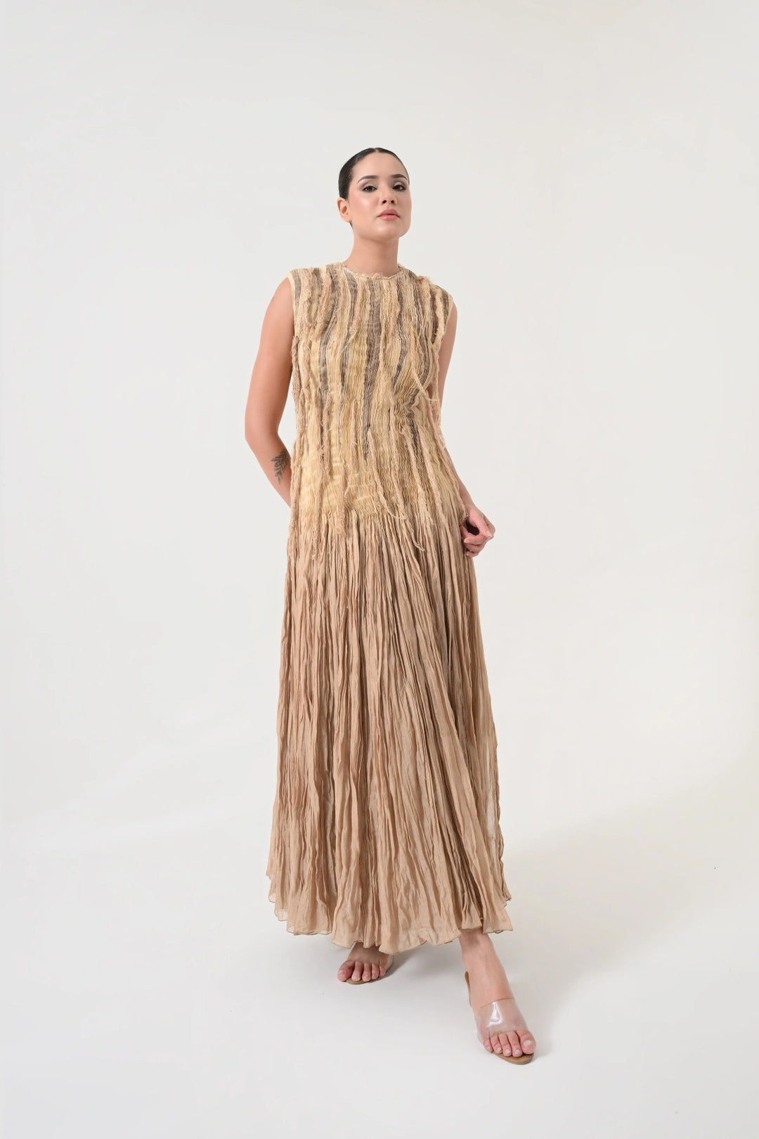 Beige Pleated Weave Dress