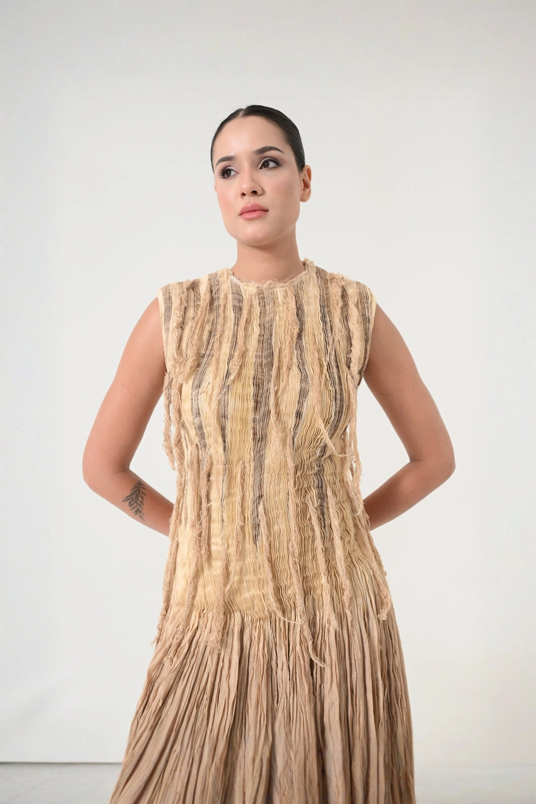 Beige Pleated Weave Dress