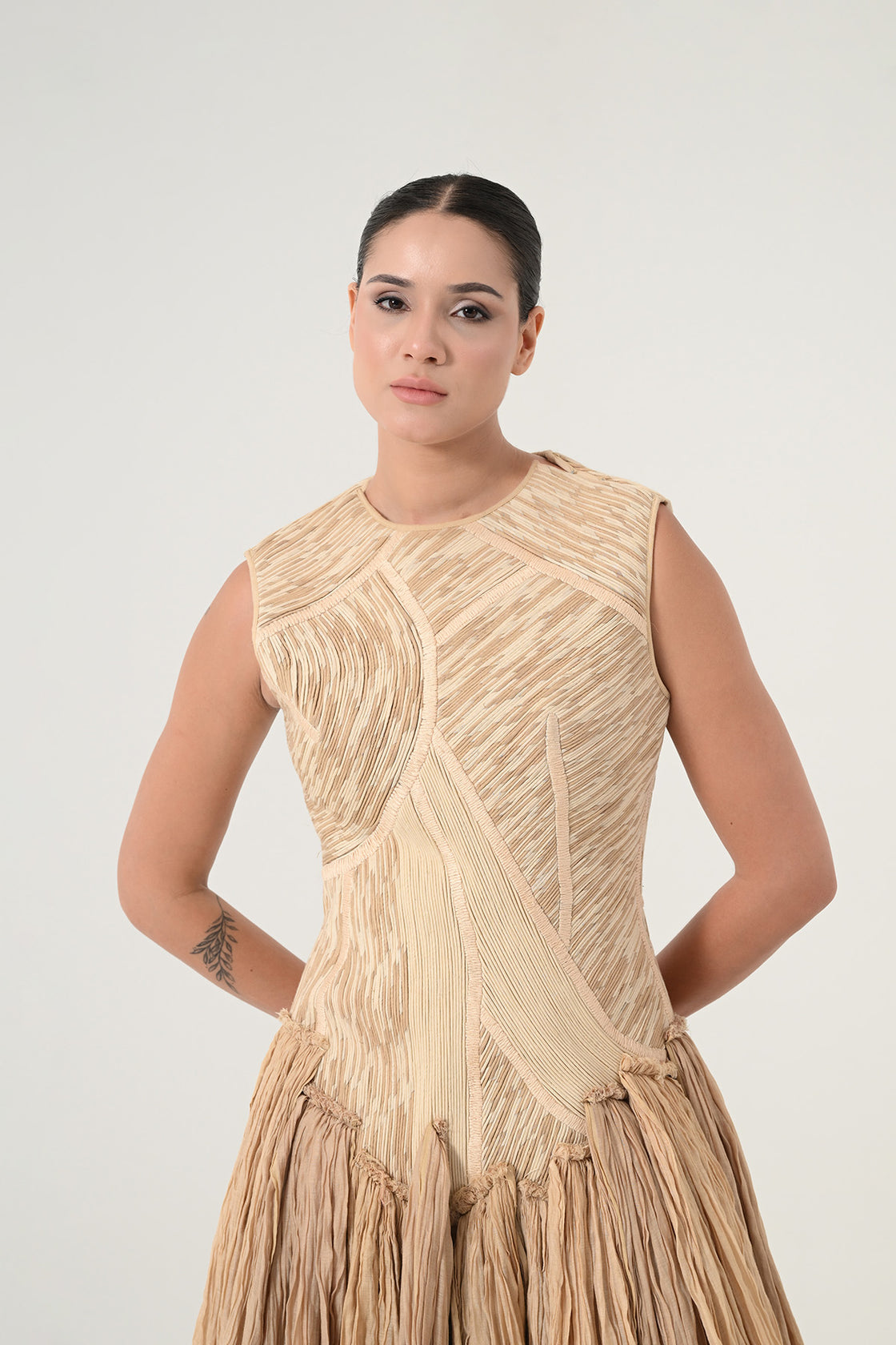 Beige Textured Panels Gown