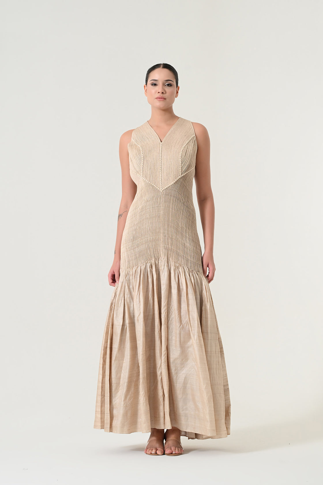 Beige Panelled Drape Dress