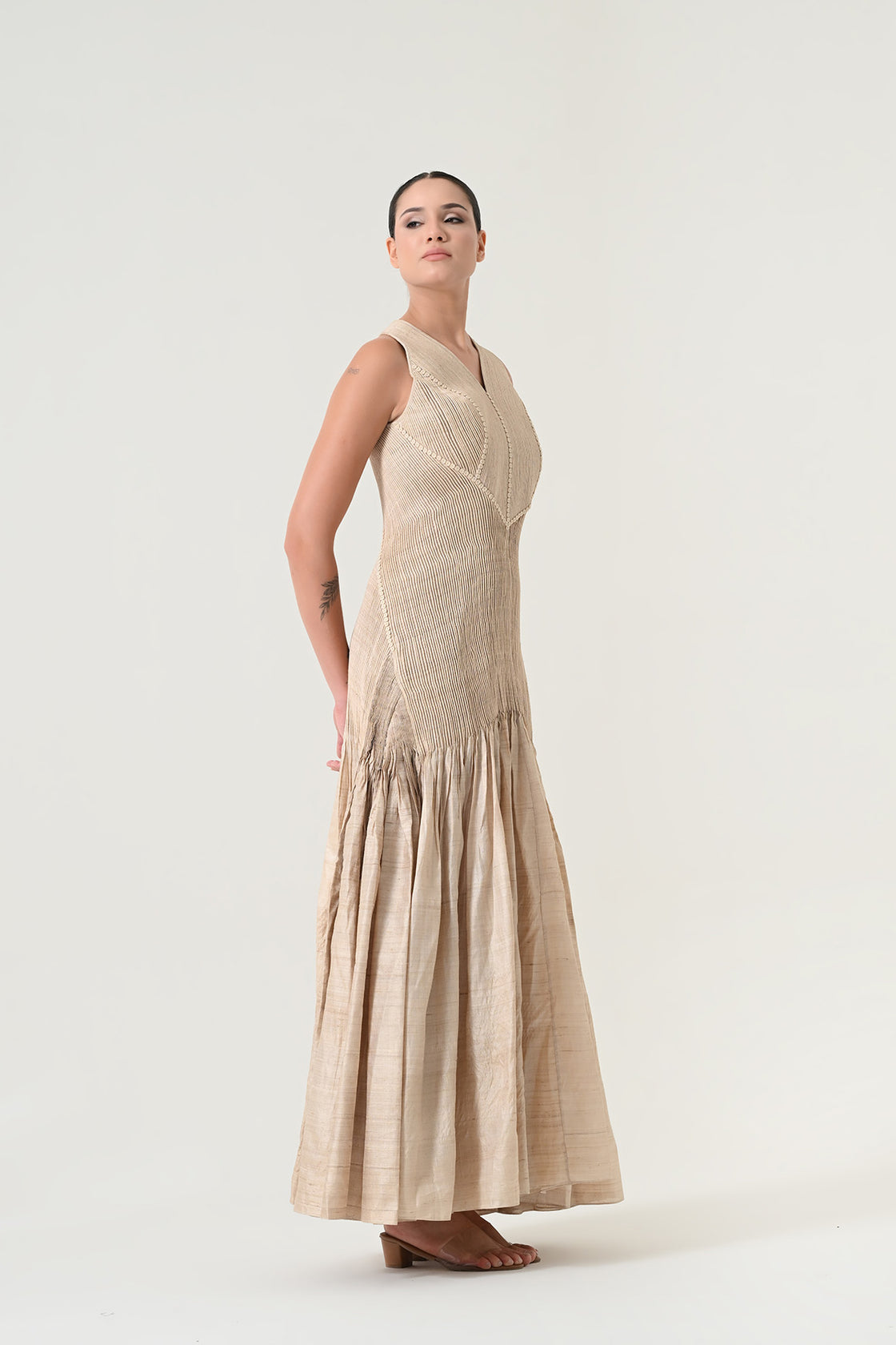 Beige Panelled Drape Dress