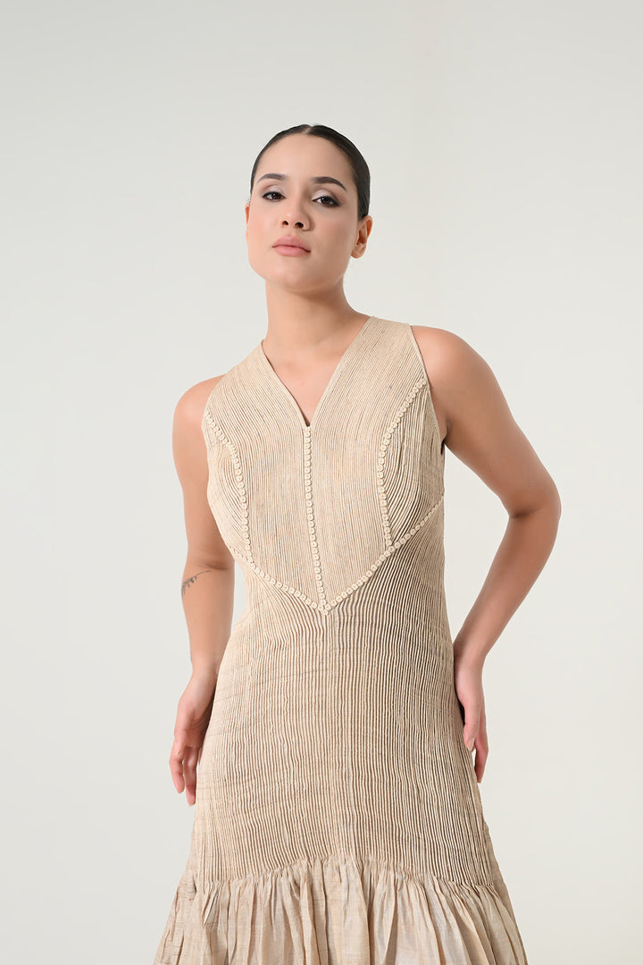 Beige Panelled Drape Dress