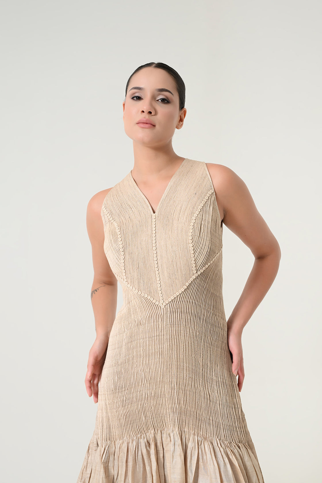 Beige Panelled Drape Dress