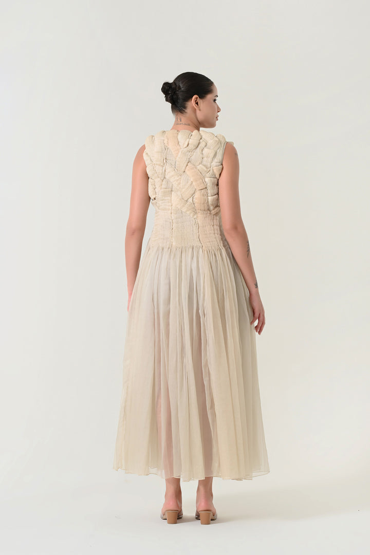 Beige Sculpted Draped Dress