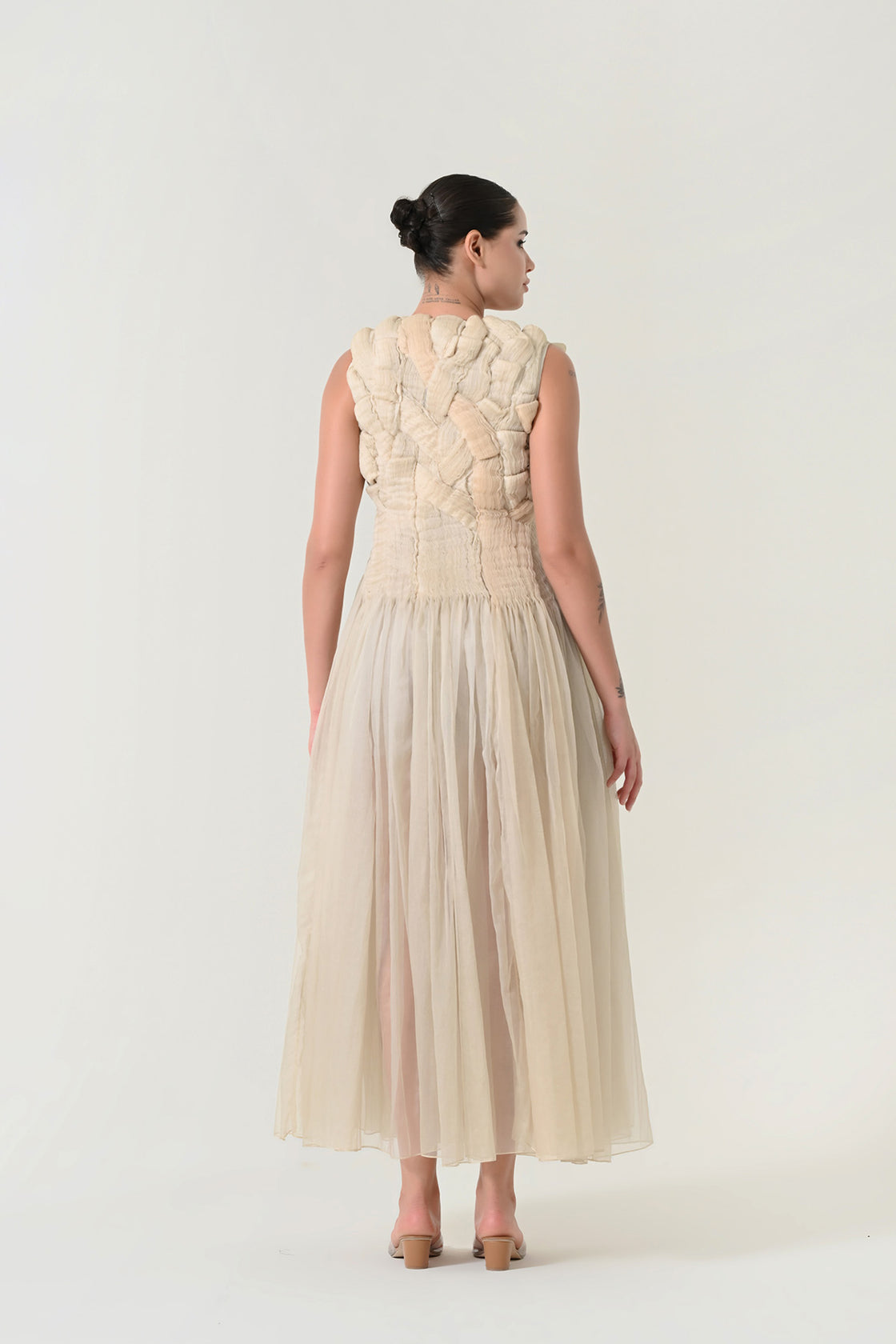 Beige Sculpted Draped Dress