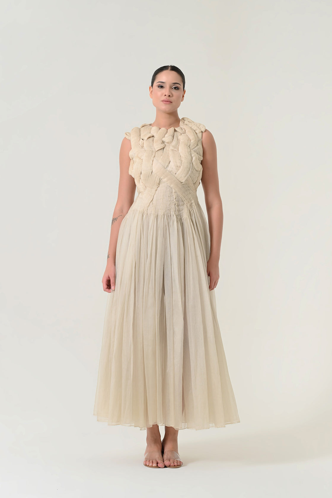 Beige Sculpted Draped Dress